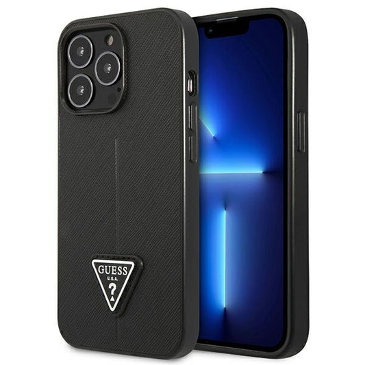 GUESS Handy Hülle Case Saffiano Triangle 4G Dreieck Logo für iPhone 14 Pro Max Schwarz