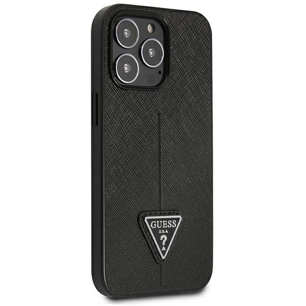 GUESS Handy Hülle Case Saffiano Triangle 4G Dreieck Logo für iPhone 14 Pro Schwarz