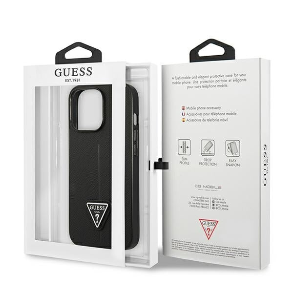 GUESS Handy Hülle Case Saffiano Triangle 4G Dreieck Logo für iPhone 14 Pro Max Schwarz