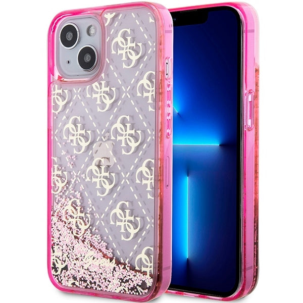 GUESS Handy Hülle Case für iPhone 13 / 14 / 15 Liquid Glitzer 4G Transparent Pink