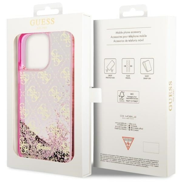 GUESS Handy Hülle Case für iPhone 14 Pro Liquid Glitzer 4G Transparent Pink