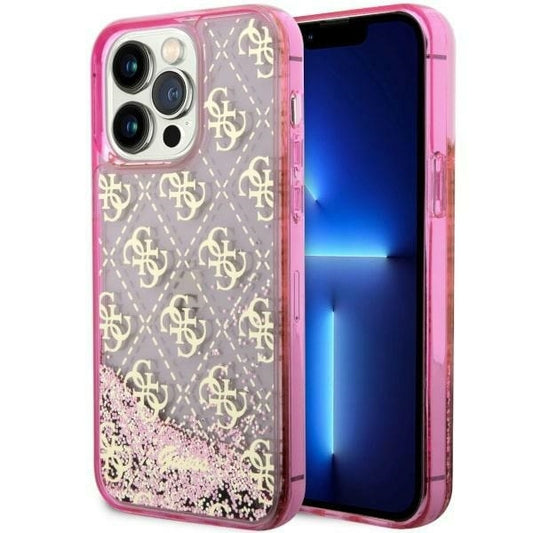GUESS Handy Hülle Case für iPhone 14 Pro Liquid Glitzer 4G Transparent Pink