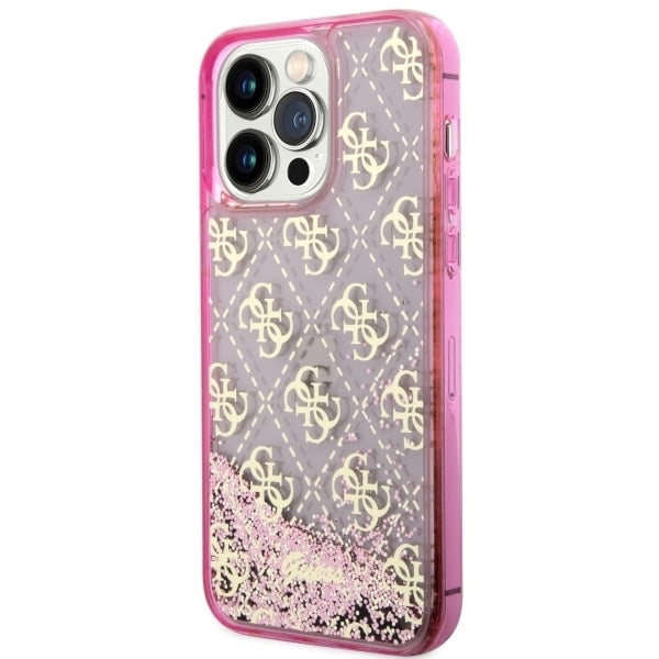 GUESS Handy Hülle Case für iPhone 14 Pro Liquid Glitzer 4G Transparent Pink