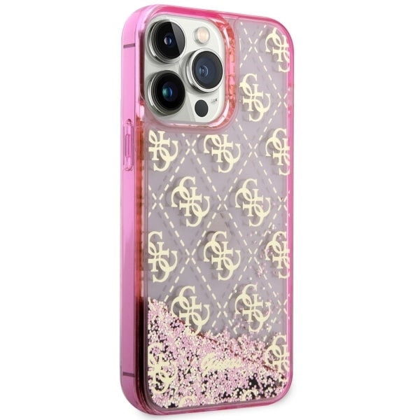 GUESS Handy Hülle Case für iPhone 14 Pro Liquid Glitzer 4G Transparent Pink