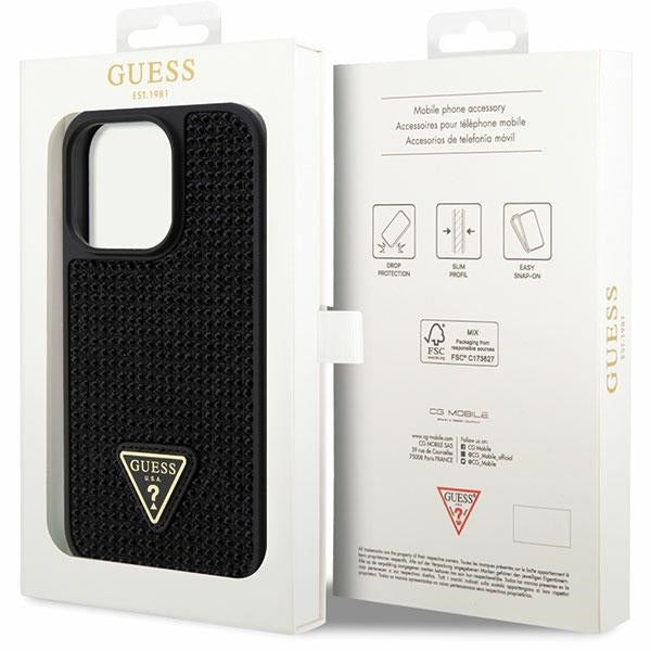 GUESS Handy Hülle Case für iPhone 14 Pro Glitzer Strass Steine Dreieck Logo Schwarz