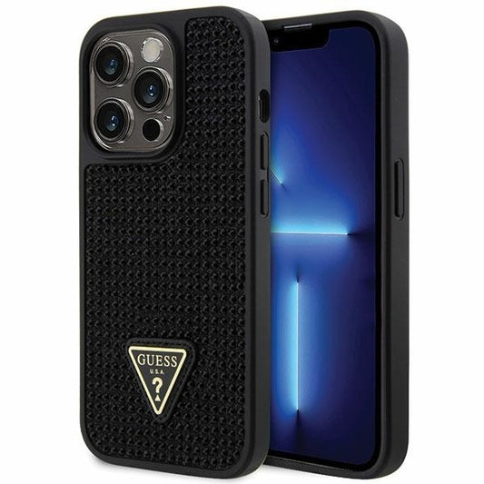 GUESS Handy Hülle Case für iPhone 14 Pro Glitzer Strass Steine Dreieck Logo Schwarz