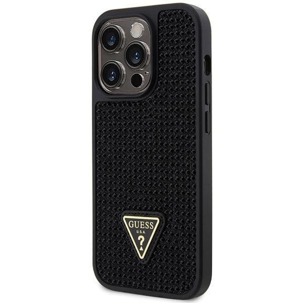 GUESS Handy Hülle Case für iPhone 14 Pro Glitzer Strass Steine Dreieck Logo Schwarz
