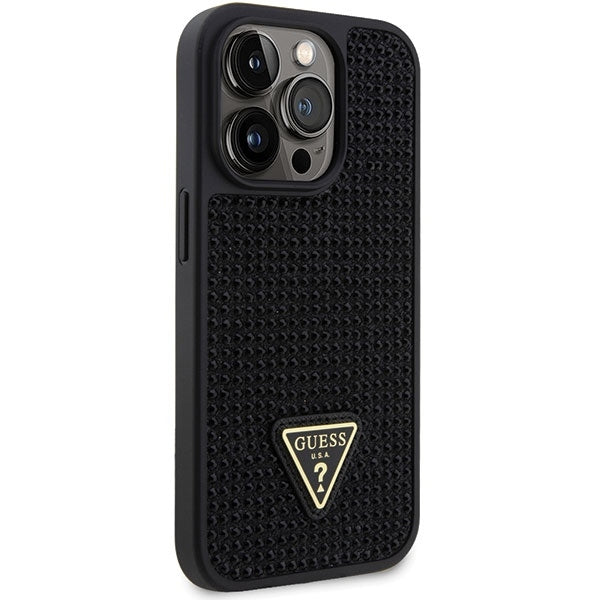 GUESS Handy Hülle Case für iPhone 14 Pro Glitzer Strass Steine Dreieck Logo Schwarz