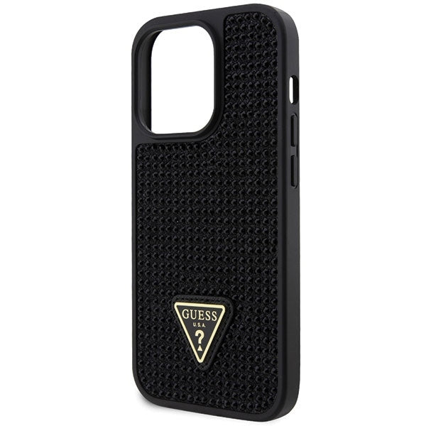 GUESS Handy Hülle Case für iPhone 14 Pro Glitzer Strass Steine Dreieck Logo Schwarz