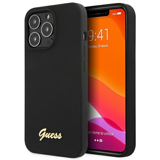 GUESS Handy Hülle Case Silikon Script Gold Logo für iPhone 13 Pro Max Schwarz