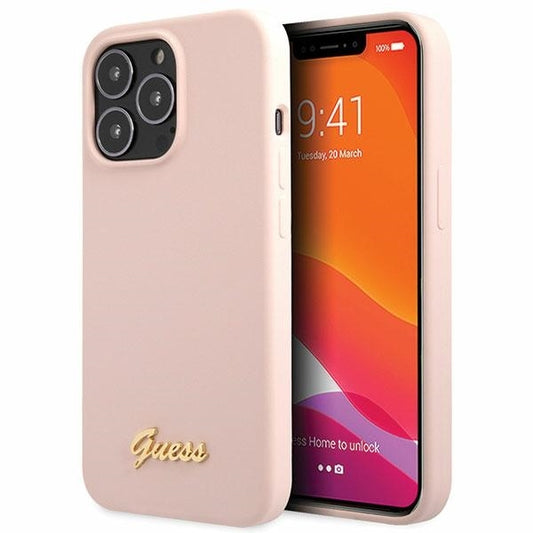 GUESS Handy Hülle Case Silikon Script Gold Logo für iPhone 13 Pro Max Pink