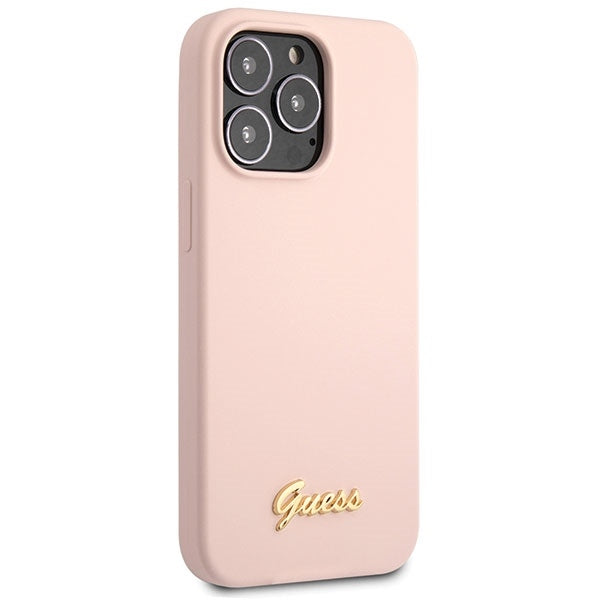 GUESS Handy Hülle Case Silikon Script Gold Logo für iPhone 13 Pro Max Pink