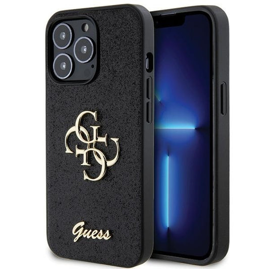 GUESS Handy Hülle Case 4G Big Metall Logo für iPhone 13 / 13 Pro Glitzer Schwarz