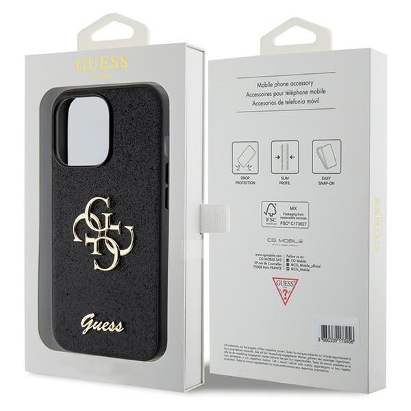 GUESS Handy Hülle Case 4G Big Metall Logo für iPhone 13 / 13 Pro Glitzer Schwarz