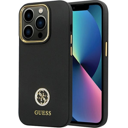 GUESS Handy Hülle Case Silikon 4G Strass Logo für iPhone 14 Pro Schwarz