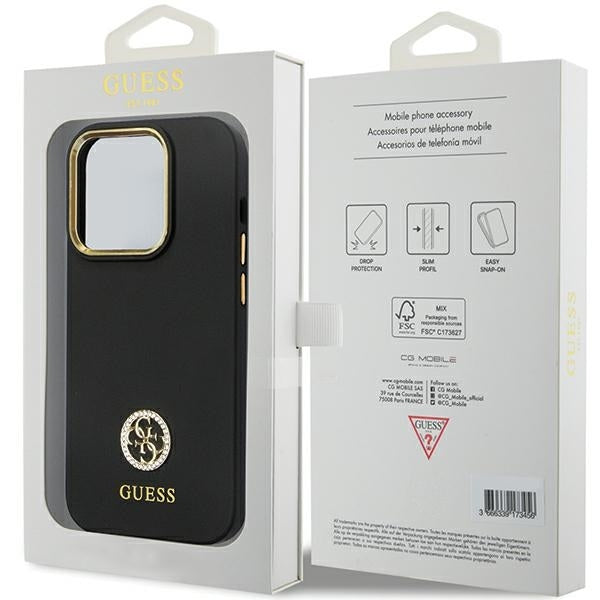 GUESS Handy Hülle Case Silikon 4G Strass Logo für iPhone 14 Pro Schwarz
