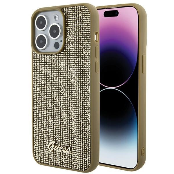 GUESS Handy Hülle Case für iPhone 15 Pro Max Disco Metall Script Gold