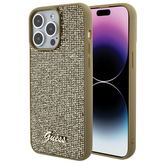 GUESS Handy Hülle Case für iPhone 15 Pro Max Disco Metall Script Gold