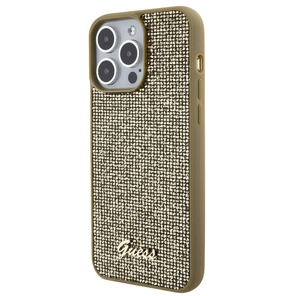 GUESS Handy Hülle Case für iPhone 15 Pro Max Disco Metall Script Gold
