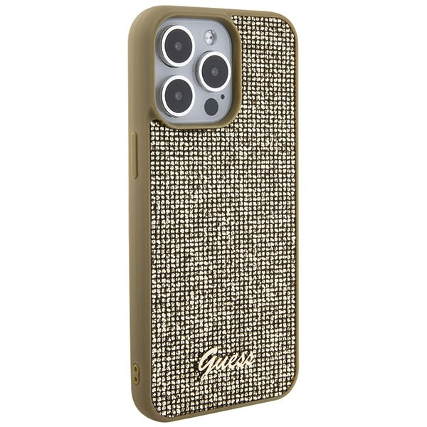 GUESS Handy Hülle Case für iPhone 15 Pro Max Disco Metall Script Gold