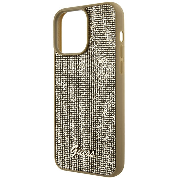 GUESS Handy Hülle Case für iPhone 15 Pro Max Disco Metall Script Gold