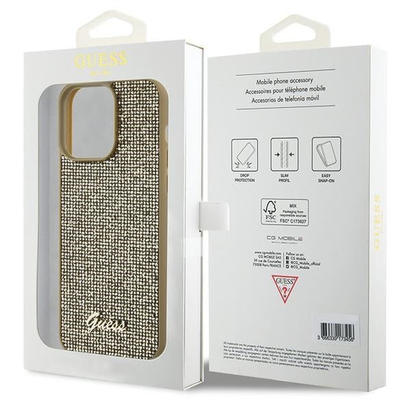 GUESS Handy Hülle Case für iPhone 15 Pro Max Disco Metall Script Gold