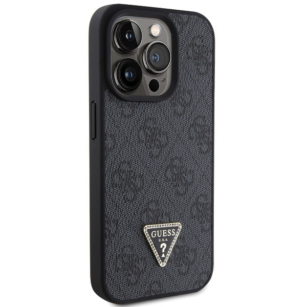 GUESS Handy Hülle Case Leather 4G Diamond Triangle für iPhone 15 Pro Schwarz