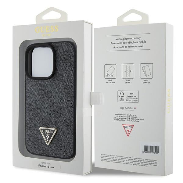 GUESS Handy Hülle Case Leather 4G Diamond Triangle für iPhone 15 Pro Max Schwarz