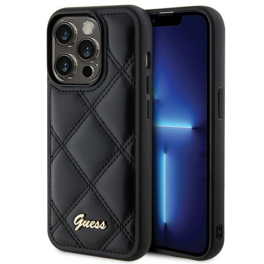 GUESS Handy Hülle Case für iPhone 15 Pro Max gestepptes Leder Look mit Metall Logo Schwarz