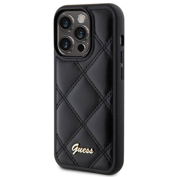 GUESS Handy Hülle Case für iPhone 15 Pro gestepptes Leder Look mit Metall Logo Schwarz