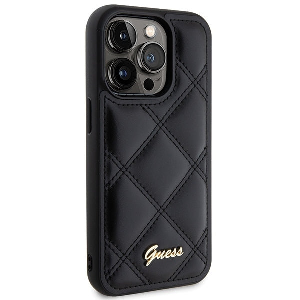 GUESS Handy Hülle Case für iPhone 15 Pro Max gestepptes Leder Look mit Metall Logo Schwarz
