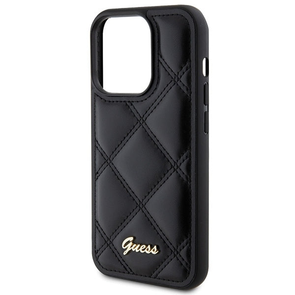 GUESS Handy Hülle Case für iPhone 15 Pro Max gestepptes Leder Look mit Metall Logo Schwarz