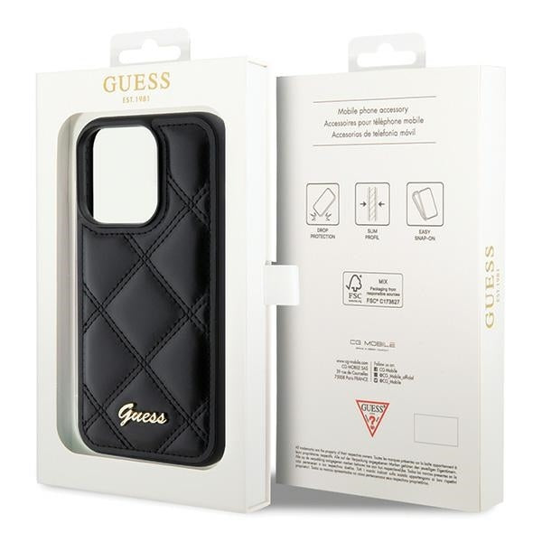 GUESS Handy Hülle Case für iPhone 15 Pro Max gestepptes Leder Look mit Metall Logo Schwarz