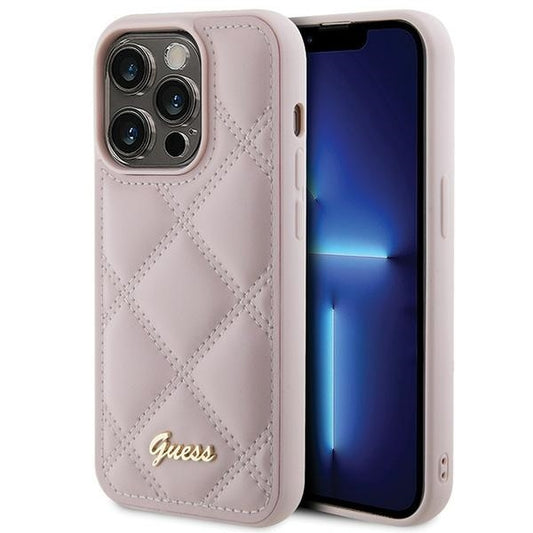 GUESS Handy Hülle Case für iPhone 15 Pro Max gestepptes Leder Look mit Metall Logo Pink