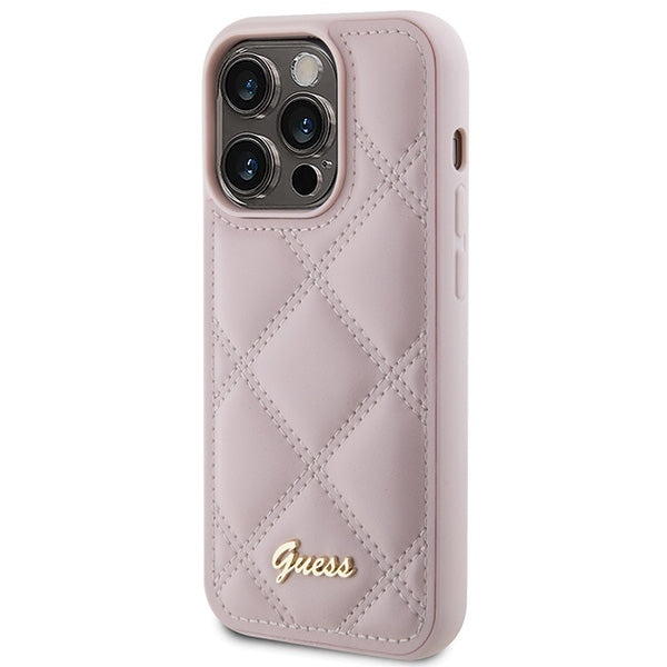 GUESS Handy Hülle Case für iPhone 15 Pro Max gestepptes Leder Look mit Metall Logo Pink