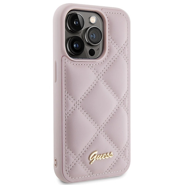 GUESS Handy Hülle Case für iPhone 15 Pro gestepptes Leder Look mit Metall Logo Pink