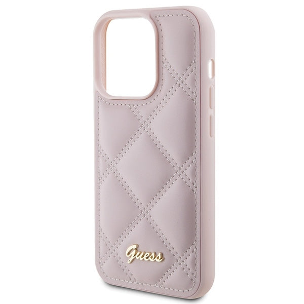 GUESS Handy Hülle Case für iPhone 15 Pro gestepptes Leder Look mit Metall Logo Pink