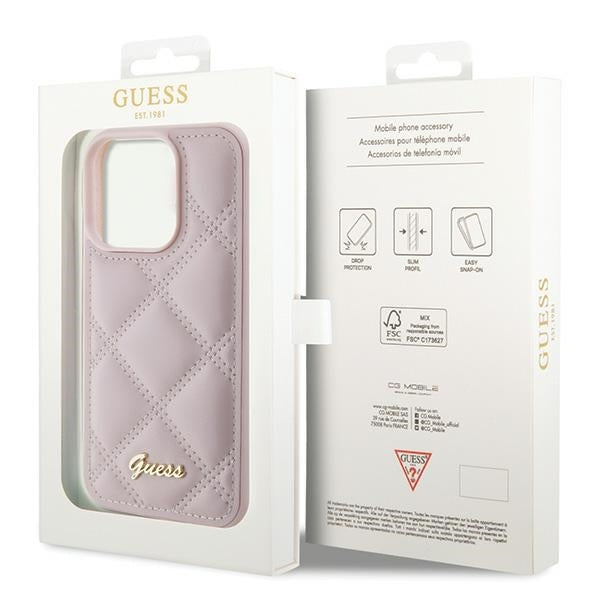 GUESS Handy Hülle Case für iPhone 15 Pro Max gestepptes Leder Look mit Metall Logo Pink
