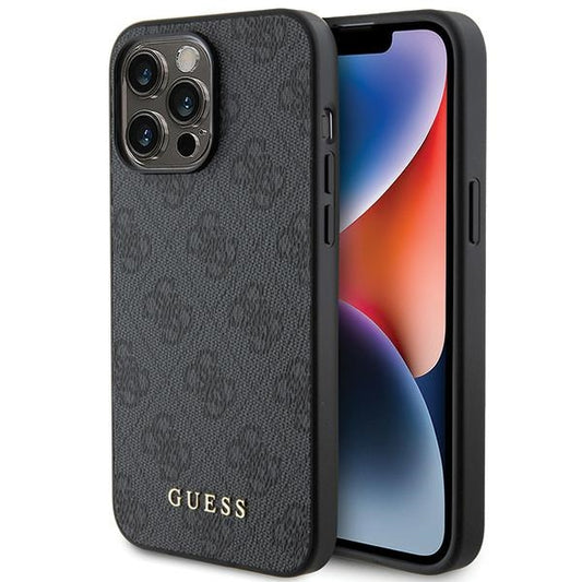 GUESS Handy Hülle Case für iPhone 14 Pro Max 4G Metall Gold Logo Grau