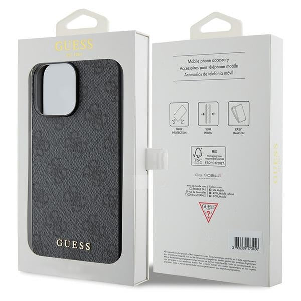 GUESS Handy Hülle Case für iPhone 15 Pro Max 4G Metall Gold Logo Grau