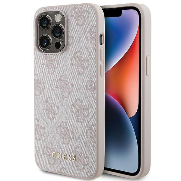 GUESS Handy Hülle Case für iPhone 15 Pro 4G Metall Gold Logo Pink