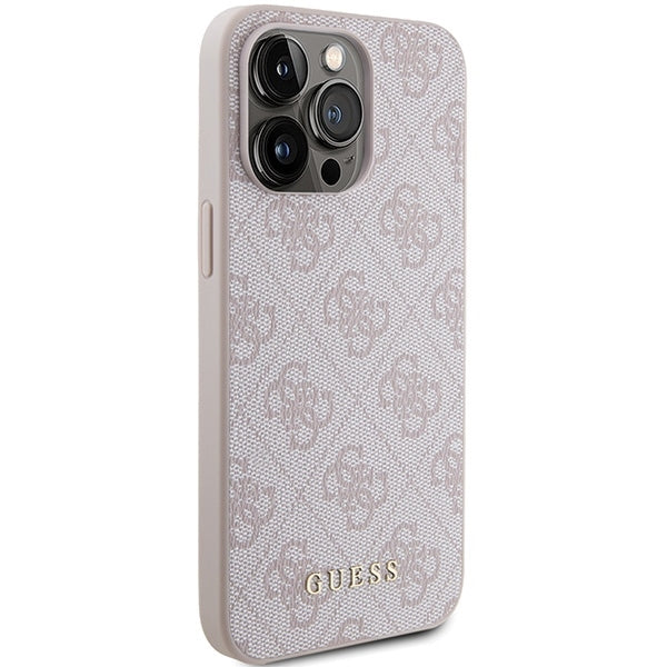 GUESS Handy Hülle Case für iPhone 15 Pro 4G Metall Gold Logo Pink