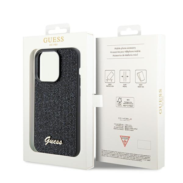 GUESS Handy Hülle Case für iPhone 14 Pro Disco Metall Script Schwarz