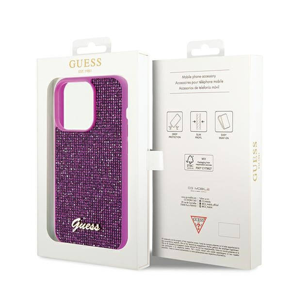 GUESS Handy Hülle Case für iPhone 14 Pro Disco Metall Script Fuchsia