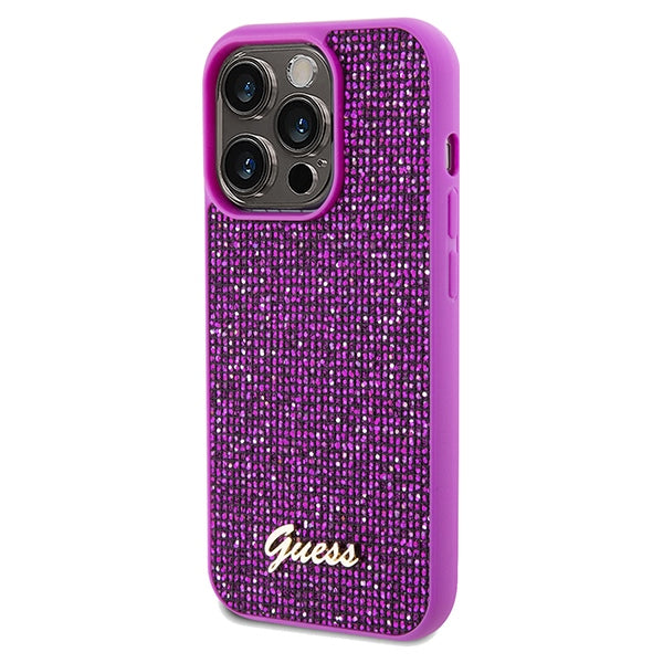 GUESS Handy Hülle Case für iPhone 14 Pro Disco Metall Script Fuchsia