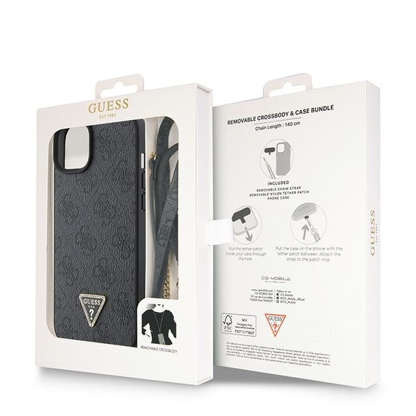 GUESS Crossbody Handy Hülle Case 4G Metall Logo für iPhone 15 Pro Schwarz