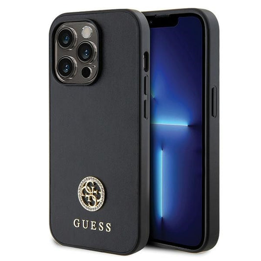 GUESS Handy Hülle Case Silikon 4G Strass Logo für iPhone 15 Pro Max Schwarz