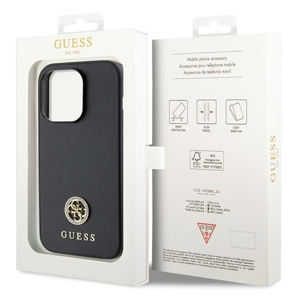 GUESS Handy Hülle Case Silikon 4G Strass Logo für iPhone 15 Pro Max Schwarz