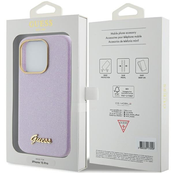 GUESS Handy Hülle Case für iPhone 15 Pro Max Glitzer Glossy Lilac Pink