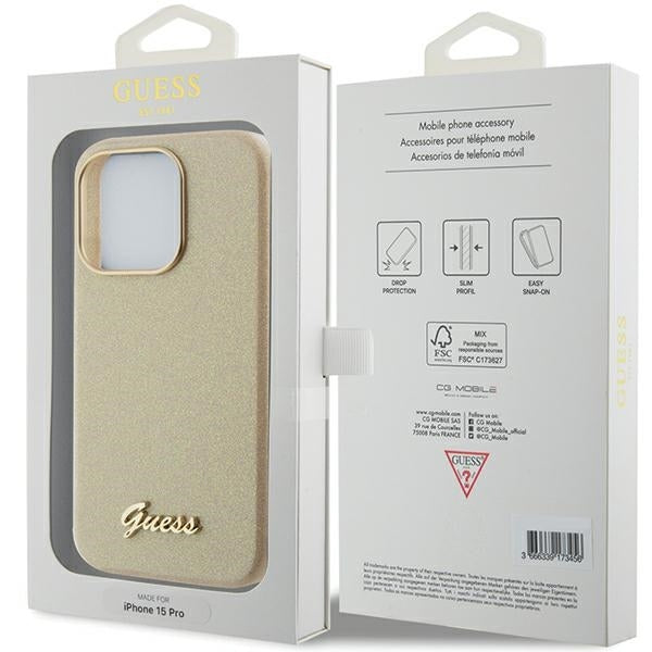 GUESS Handy Hülle Case für iPhone 15 Pro Max Glitzer Glossy Gold